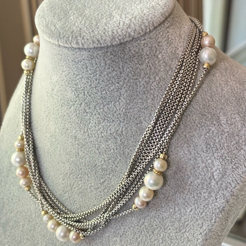 David Yurman 925 & 18k Gold Multi-Strand Pearl Station Necklace 15.5" - Picture 8 of 10